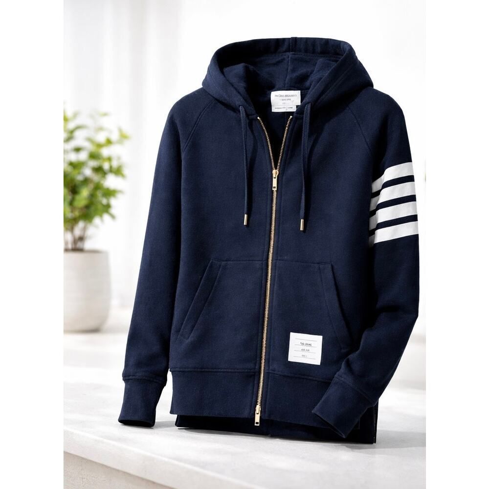 Thom Browne Engineered 4-Bar Zip-Up Drawstring Hoodie Navy Size M (2)